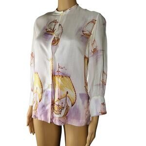 1950s Victorian Sailboat Button Up Collarless LS Blouse Vintage Lee Mar Size Sm